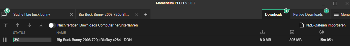 Screenshot der Momentum Download Ansicht mit einem laufenden Download von "Big Buck Bunny 2008 720p BluRay x264 - DON" bei 3 Prozent Fortschritt