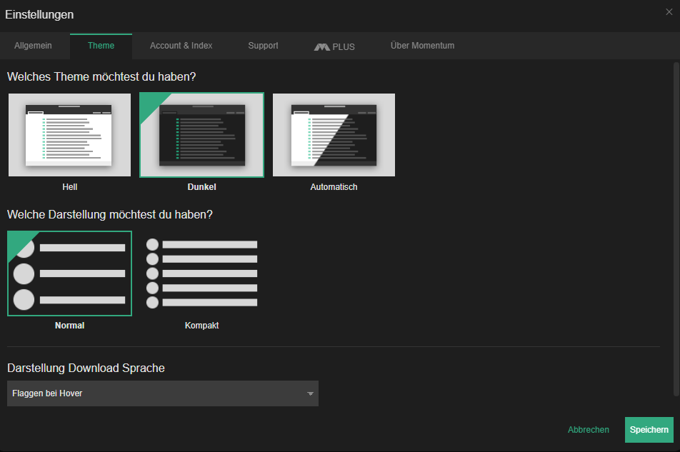 Screenshot der Momentum Anzeigeeinstellungen mit Auswahl für helles oder dunkles Theme, Listenlayout und Darstellung der Download Sprache