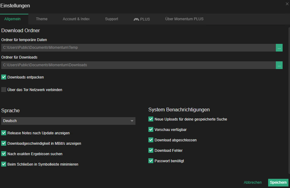 Screenshot der allgemeinen Momentum Einstellungen mit Download Ordnern, Spracheinstellung und aktivierbaren Systembenachrichtigungen